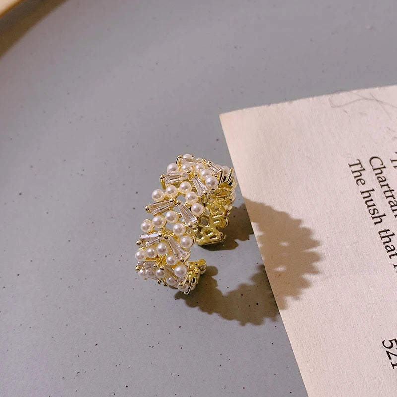Adjustable Ring with Pearls and Zirconia