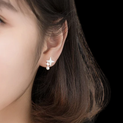 2-star earring with Zirconia and Pearl (925 Sterling Silver)