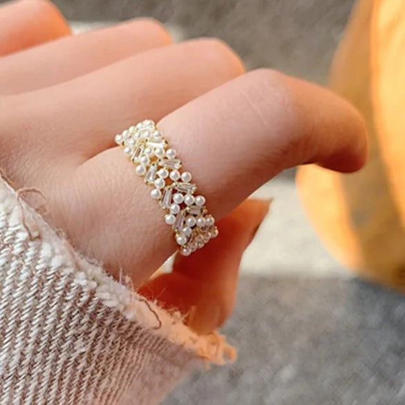 Adjustable Ring with Pearls and Zirconia