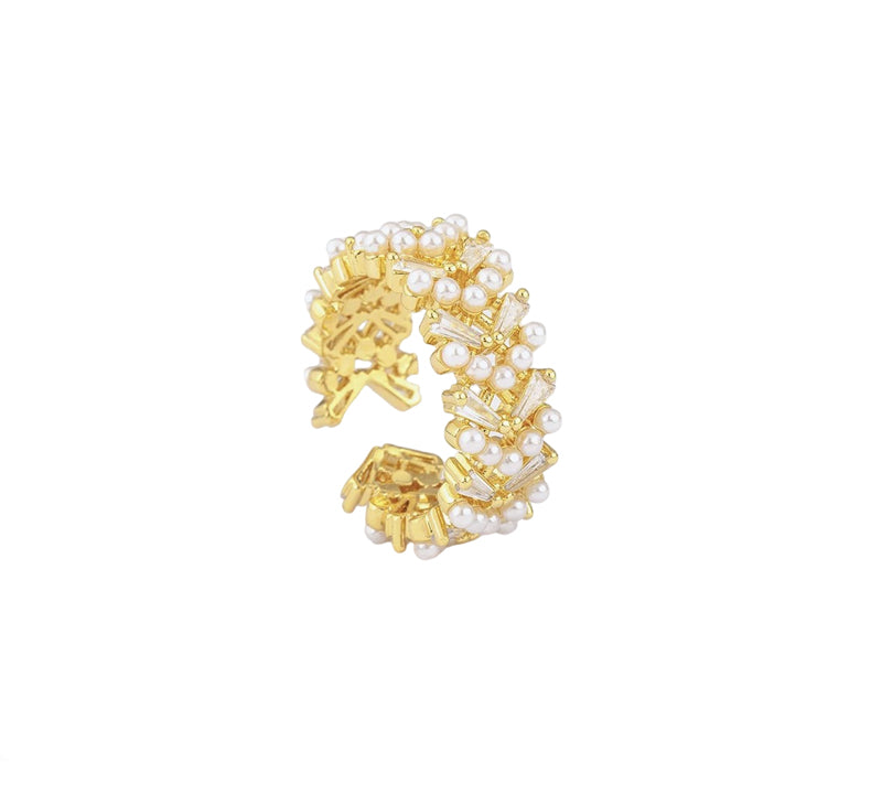 Adjustable Ring with Pearls and Zirconia
