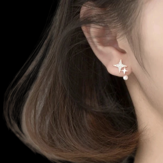 2-star earring with Zirconia and Pearl (925 Sterling Silver)